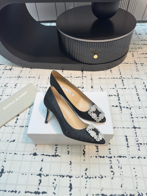 Hangisi 70 Black Glitter Fabric Leather Jewel Buckle Pumps 912612