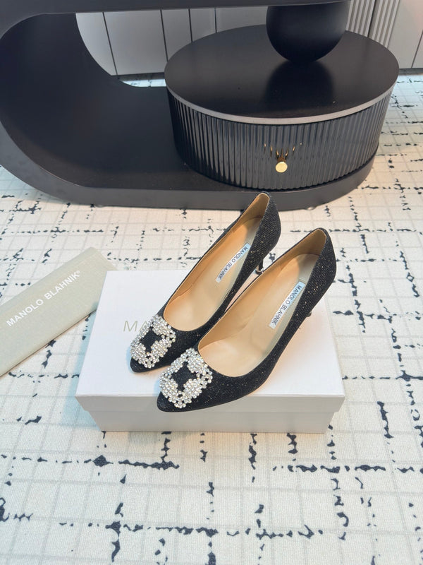 Hangisi 70 Black Glitter Fabric Leather Jewel Buckle Pumps 912612