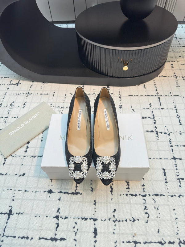 Hangisi 70 Black Glitter Fabric Leather Jewel Buckle Pumps 912612