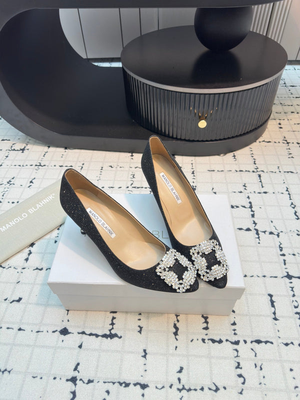 Hangisi 70 Black Glitter Fabric Leather Jewel Buckle Pumps 912612