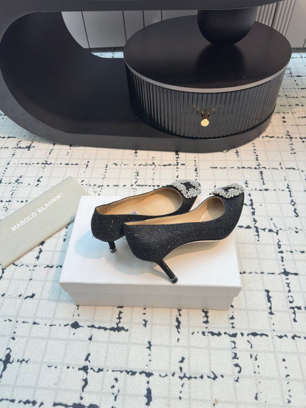 Hangisi 70 Black Glitter Fabric Leather Jewel Buckle Pumps 912612