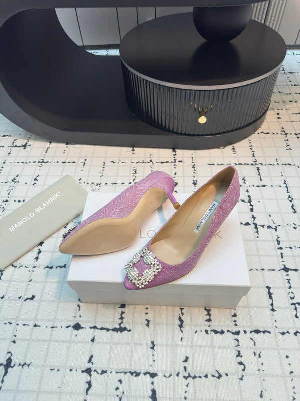 Hangisi 70 Pink Glitter Fabric Leather Jewel Buckle Pumps 912613