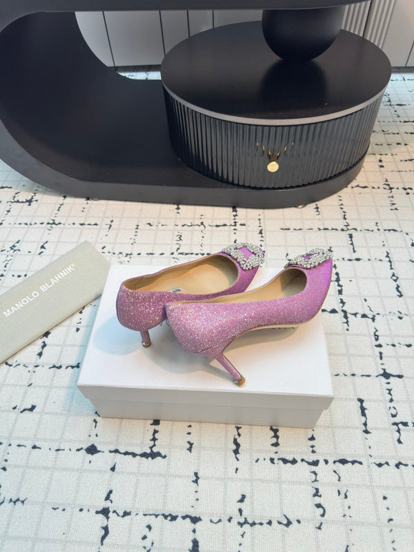Hangisi 70 Pink Glitter Fabric Leather Jewel Buckle Pumps 912613