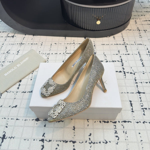 Hangisi 70 Gold Glitter Fabric Leather Jewel Buckle Pumps 912614