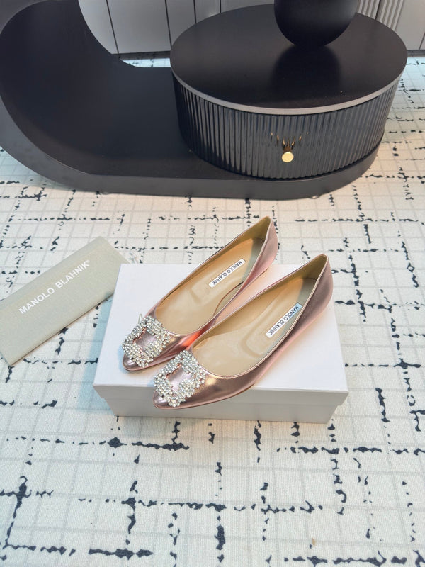 Hangisi 10mm Ballet Flat Rose Gold Metallic Leather Jewel Buckle 912617