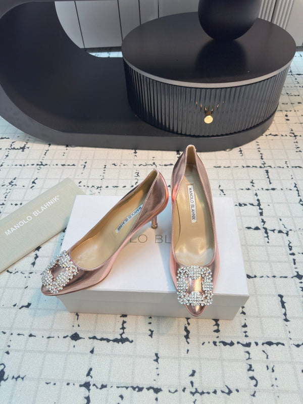 Hangisi 70 Rose Gold Metallic Leather Jewel Buckle Pumps 912618