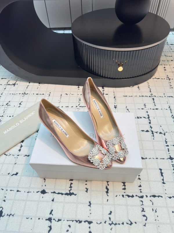 Hangisi 70 Rose Gold Metallic Leather Jewel Buckle Pumps 912618