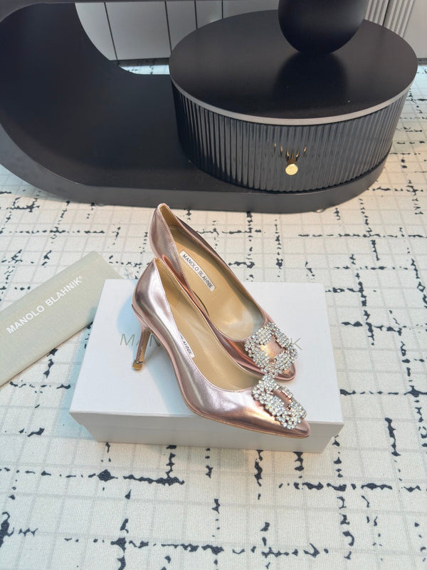 Hangisi 70 Rose Gold Metallic Leather Jewel Buckle Pumps 912618