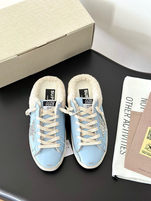 SUPER-STAR SABOTS IN BLUE CALFSKIN WITH GLITTER WHITE STAR