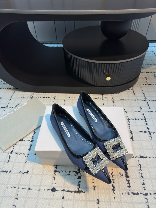 Hangisi 10mm Ballet Flat Dark Blue Linen with Black Leather Jewel Buckle 161059