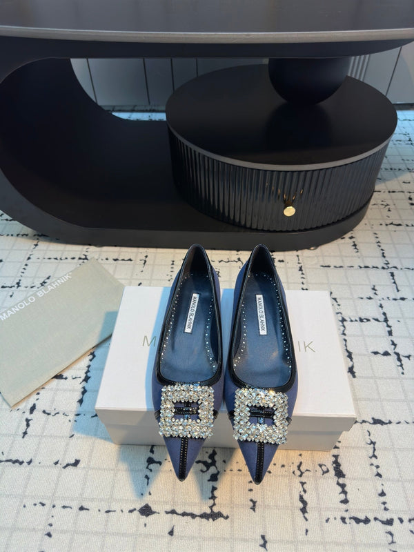 Hangisi 10mm Ballet Flat Dark Blue Linen with Black Leather Jewel Buckle 161059