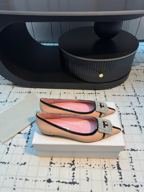 Hangisi 10mm Ballet Flat Pink Linen with Black Leather Jewel Buckle 161060