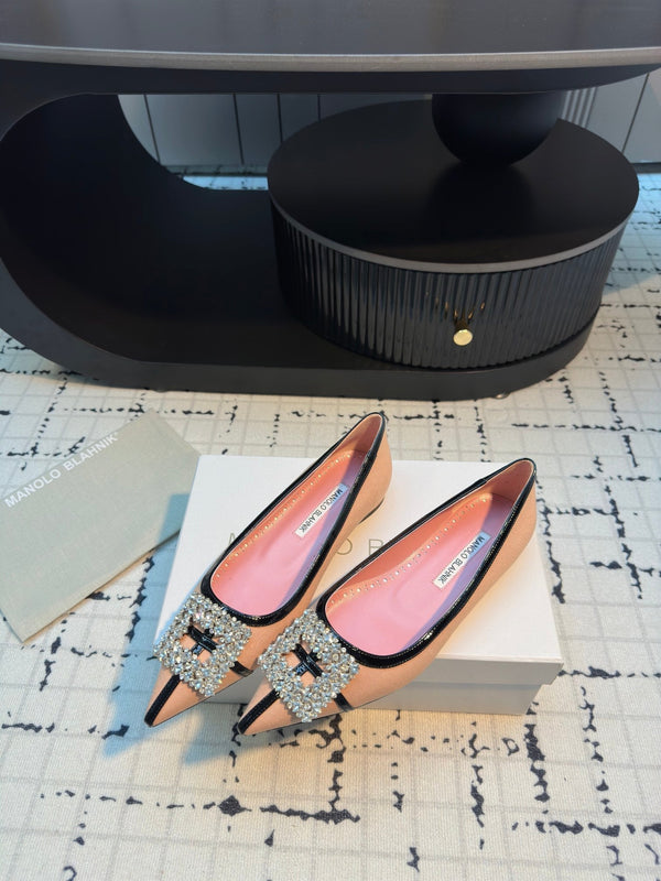 Hangisi 10mm Ballet Flat Pink Linen with Black Leather Jewel Buckle 161060