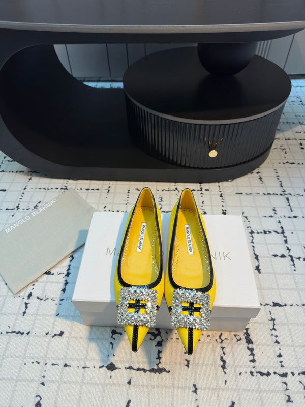 Hangisi 10mm Ballet Flat Yellow Linen with Black Leather Jewel Buckle 161061