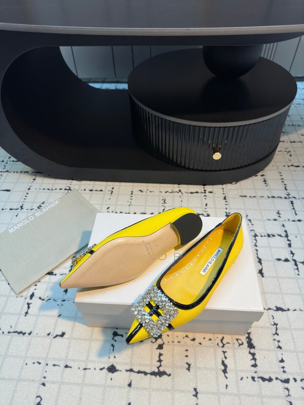 Hangisi 10mm Ballet Flat Yellow Linen with Black Leather Jewel Buckle 161061