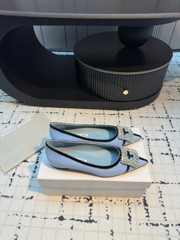 Hangisi 10mm Ballet Flat Ocean Blue Linen with Black Leather Jewel Buckle 161062