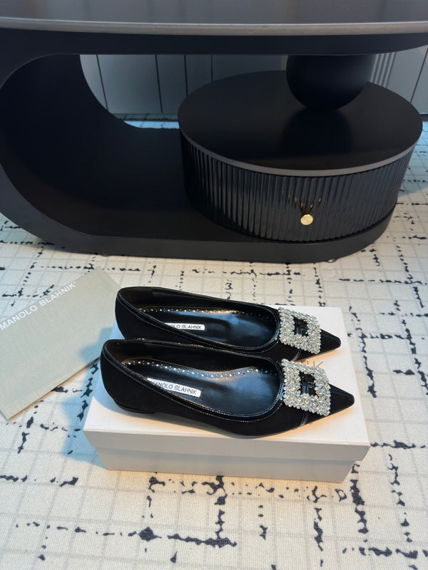 Hangisi 10mm Ballet Flat Black Linen and Leather Jewel Buckle 161063