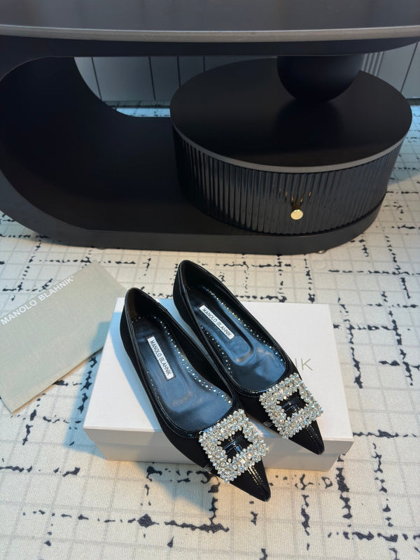 Hangisi 10mm Ballet Flat Black Linen and Leather Jewel Buckle 161063