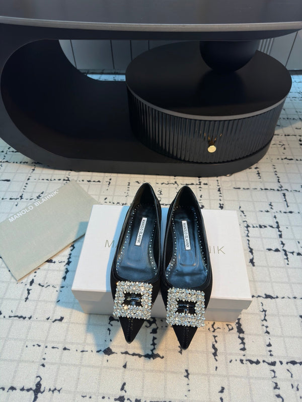 Hangisi 10mm Ballet Flat Black Linen and Leather Jewel Buckle 161063