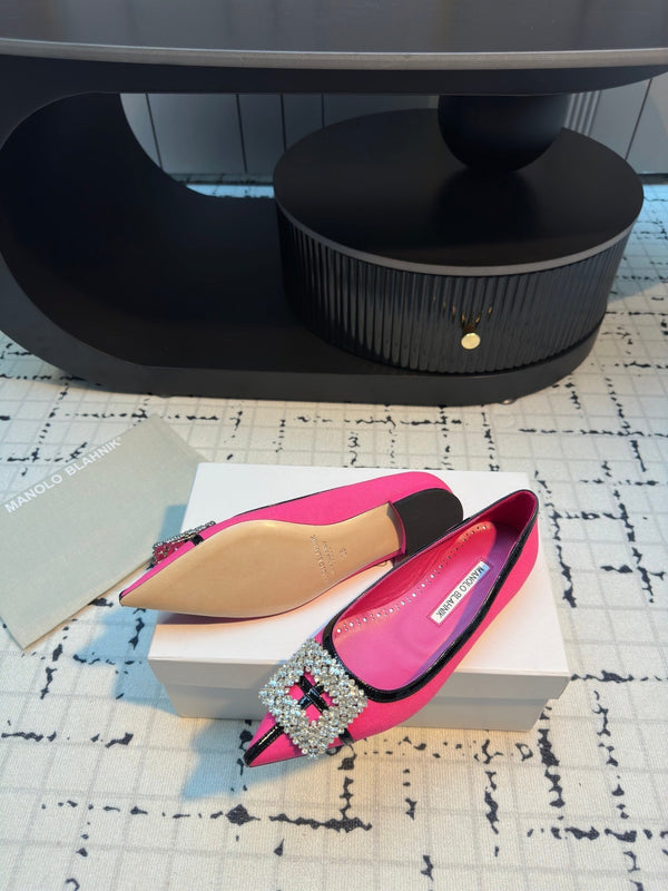 Hangisi 10mm Ballet Flat Dark Pink Linen with Black Leather Jewel Buckle 161065