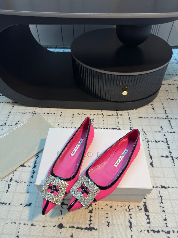 Hangisi 10mm Ballet Flat Dark Pink Linen with Black Leather Jewel Buckle 161065