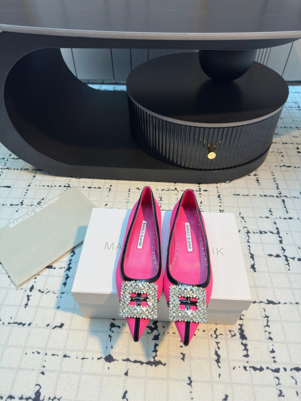 Hangisi 10mm Ballet Flat Dark Pink Linen with Black Leather Jewel Buckle 161065