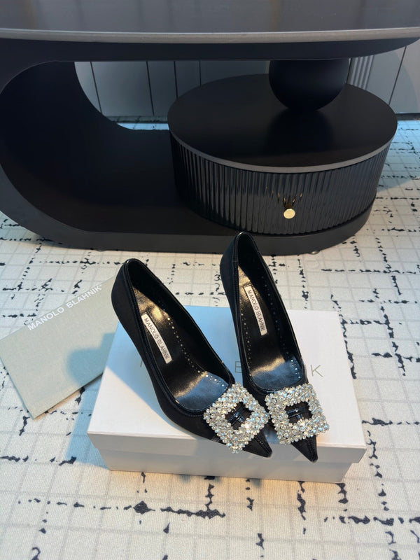 Hangisi 100 Black Linen and Leather Jewel Buckle Pumps 161067