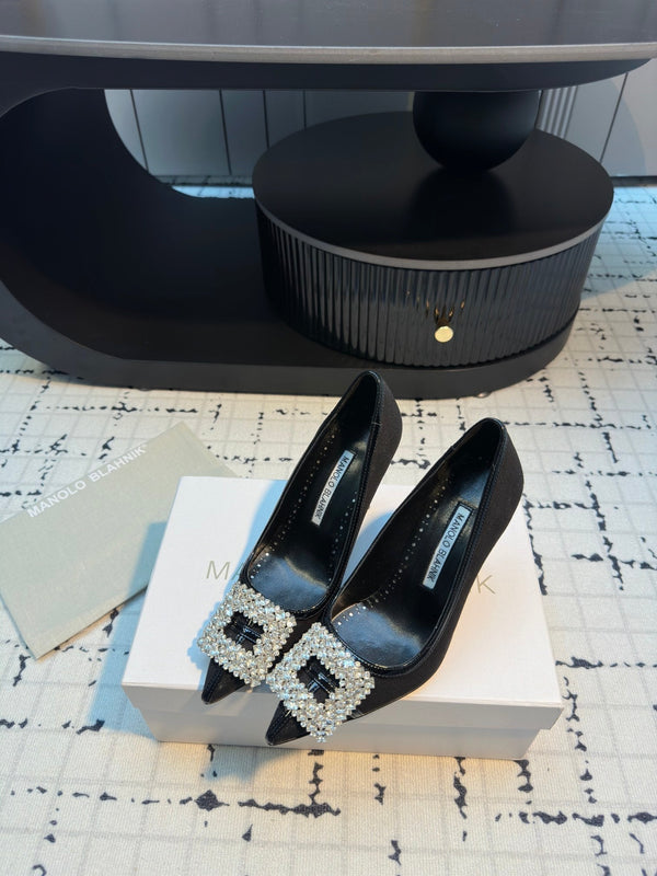 Hangisi 100 Black Linen and Leather Jewel Buckle Pumps 161067