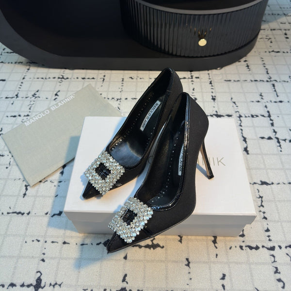 Hangisi 100 Black Linen and Leather Jewel Buckle Pumps 161067