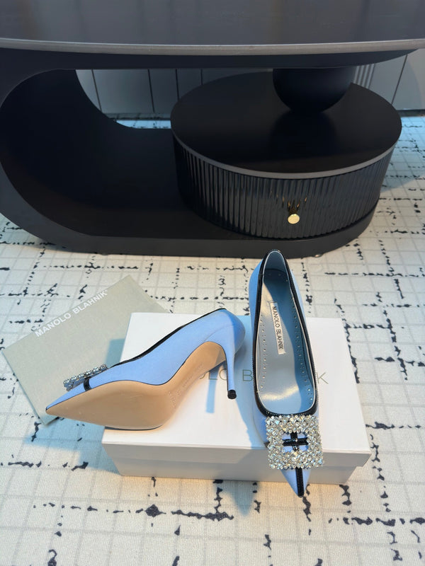 Hangisi 100 Ocean Blue Linen with Black Leather Jewel Buckle Pumps 161068