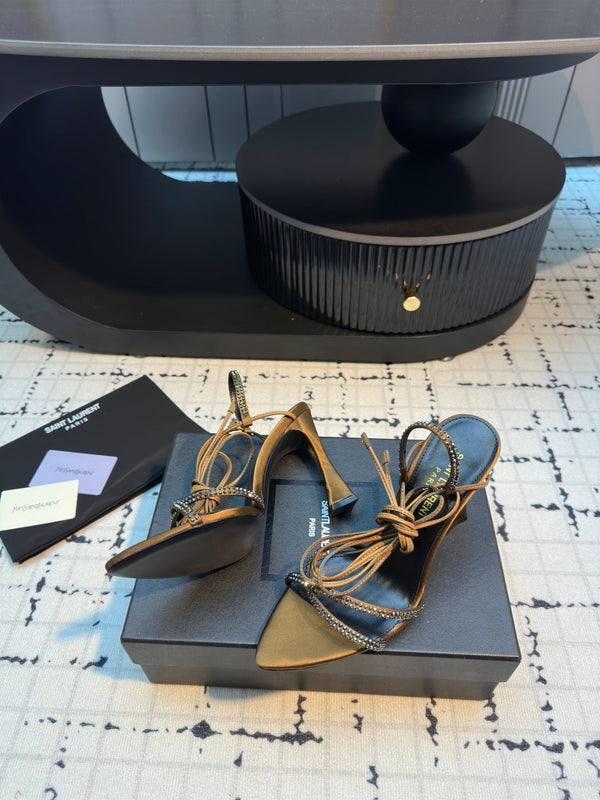 HIGH HEEL SANDALS WITH SHINY RHINESTONES STRAP IN GOLDEN BROWN SILK