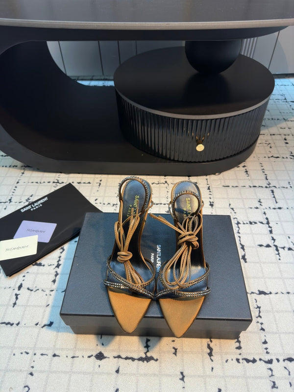 HIGH HEEL SANDALS WITH SHINY RHINESTONES STRAP IN GOLDEN BROWN SILK