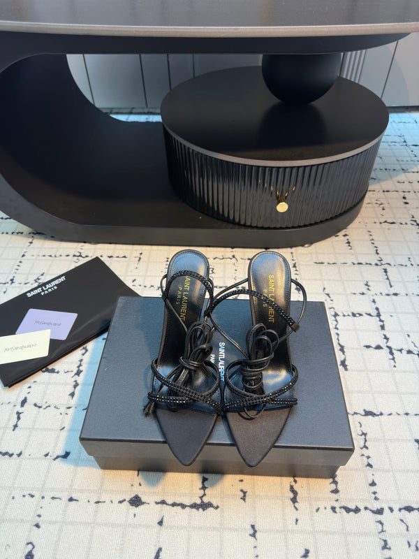 HIGH HEEL SANDALS WITH SHINY RHINESTONES STRAP IN BLACK SILK