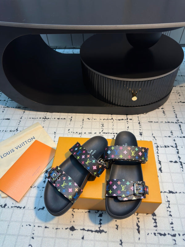 LV LV x TM Bom Dia Flat Comfort Mule Black with Monogram Multicolore Leather 218911