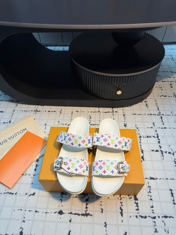 LV LV x TM Bom Dia Flat Comfort Mule White with Monogram Multicolore Leather 218912