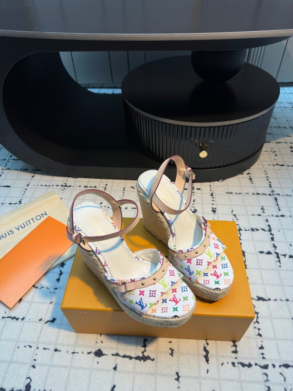 LV LV x TM Helios Wedge Sandal White with Monogram Multicolore Leather 218918