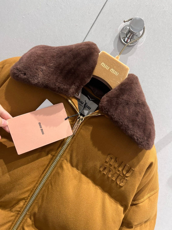 Miu Miu Collar Down jacket Camel Brown Polyester Fiber