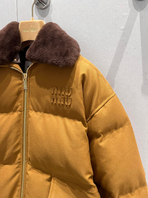 Miu Miu Collar Down jacket Camel Brown Polyester Fiber