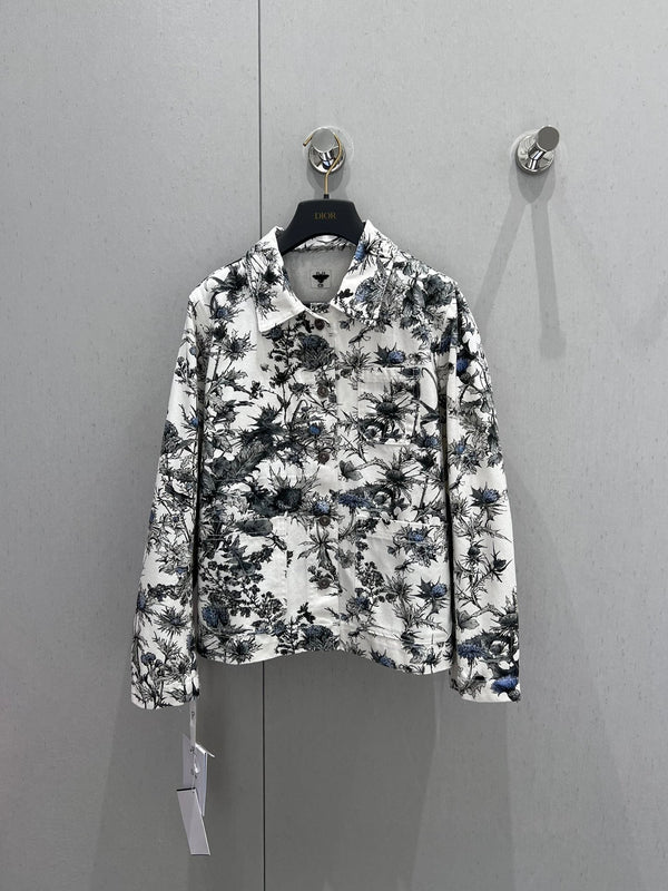 CD 25 Plant Flower Print Denim Jacket White Gray Cotton 205152