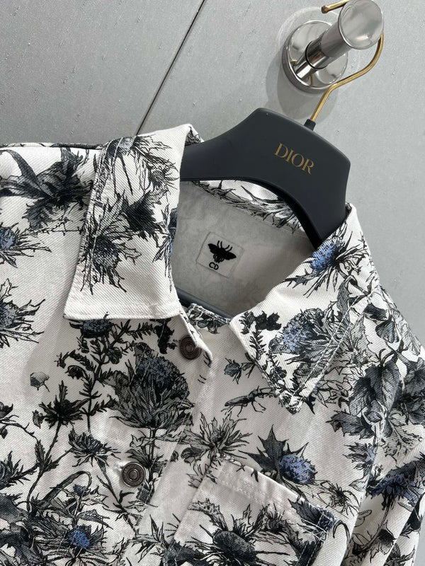 CD 25 Plant Flower Print Denim Jacket White Gray Cotton 205152