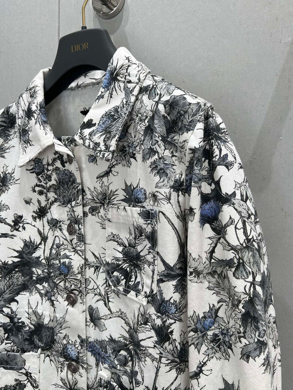 CD 25 Plant Flower Print Denim Jacket White Gray Cotton 205152