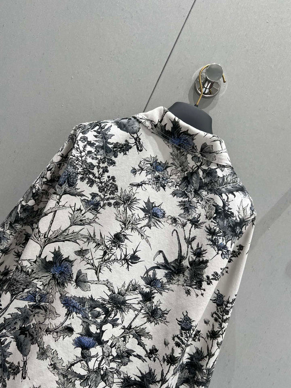 CD 25 Plant Flower Print Denim Jacket White Gray Cotton 205152