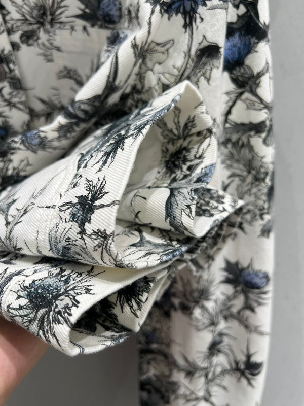 CD 25 Plant Flower Print Denim Jacket White Gray Cotton 205152
