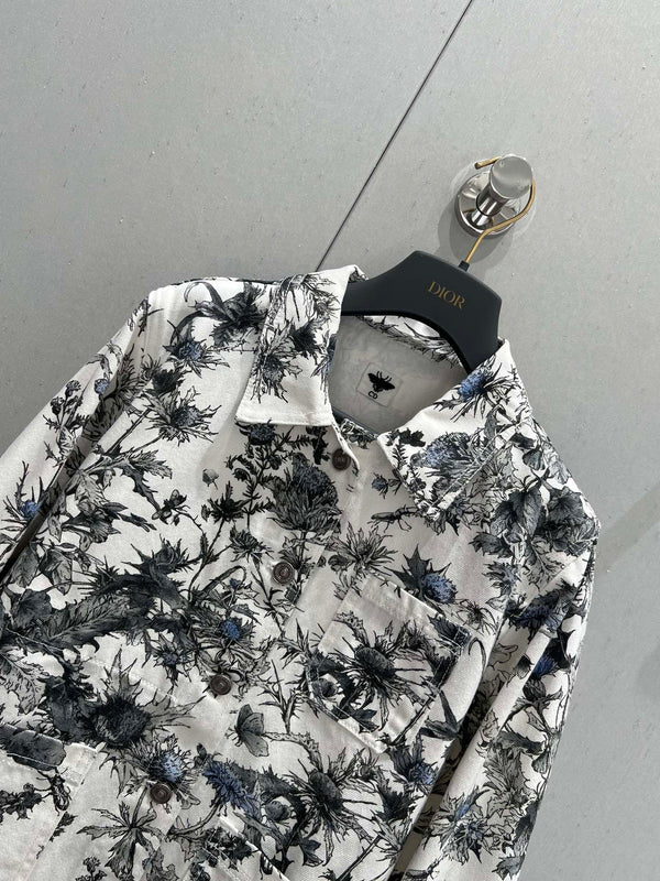 CD 25 Plant Flower Print Denim Jacket White Gray Cotton 205152