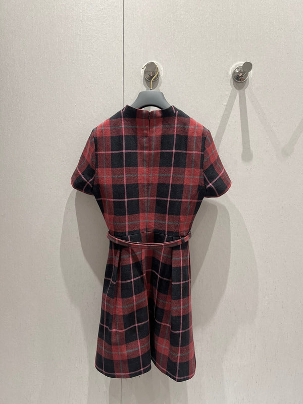 CD 25 Plaid Short-sleeved Dress Black Red Sheep Wool