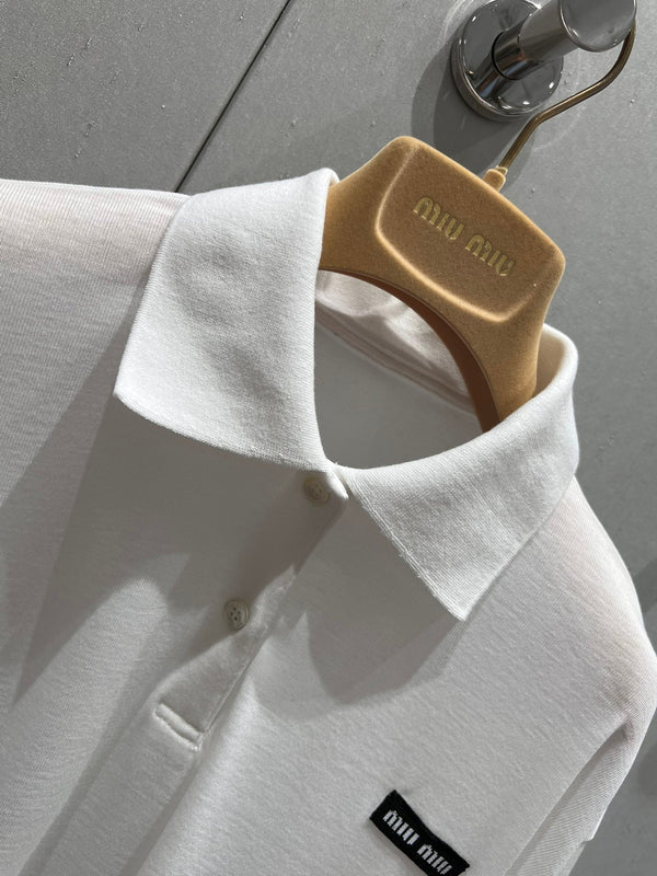 Miu Miu Ribbed Knitted Long-sleeved Polo Shirt White Cotton 208569