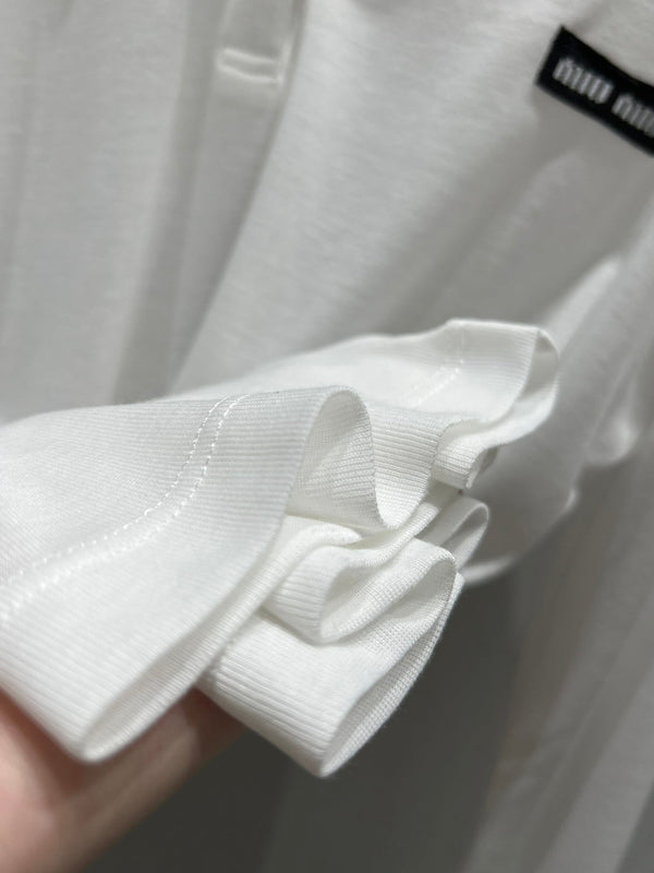 Miu Miu Ribbed Knitted Long-sleeved Polo Shirt White Cotton 208569