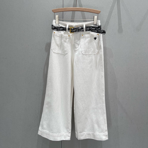 CD 25 Belt Decorated Double Pocket Jeans White Cotton 209950