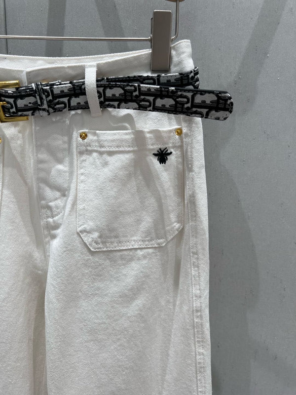 CD 25 Belt Decorated Double Pocket Jeans White Cotton 209950