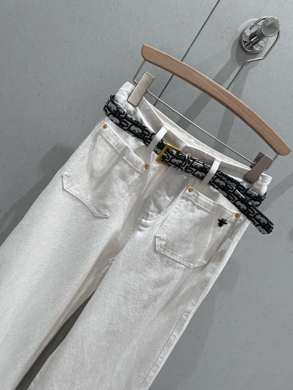 CD 25 Belt Decorated Double Pocket Jeans White Cotton 209950